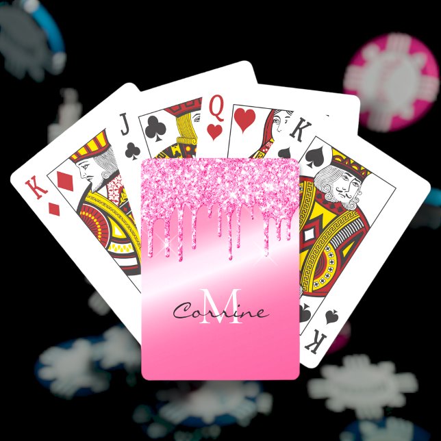 Monogram Neon Hot Pink Metallic Dripping Glitter Playing Cards (Creator Uploaded)