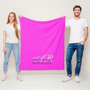 Monogram Neon Hot Pink Minimalist Modern Bold  Fleece Blanket