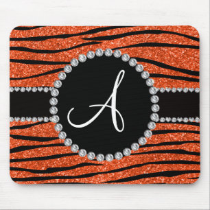 Monogram neon orange glitter zebra stripes circle mouse pad