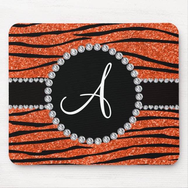 Monogram neon orange glitter zebra stripes circle mouse pad (Front)