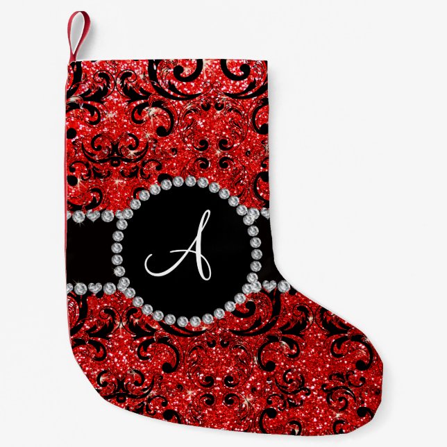 Monogram neon red glitter damask small christmas stocking (Front)