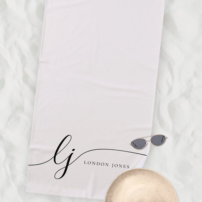 Monogram Neutral Modern Elegant Script Calligraphy Beach Towel (Creator Uploaded)
