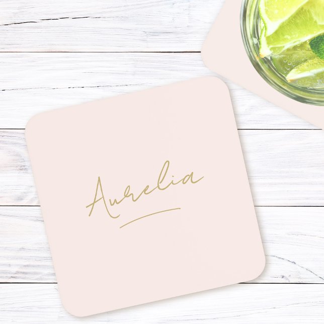 Monogram Neutral Modern Minimal Blush Gold Script Coaster (Creator Uploaded)