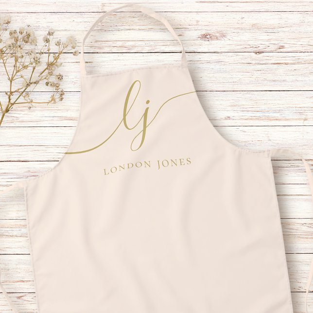 Monogram Neutral Modern Minimal Stylish Blush Gold Apron (Creator Uploaded)