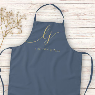 Monogram Neutral Modern Minimal Stylish Navy Gold Apron