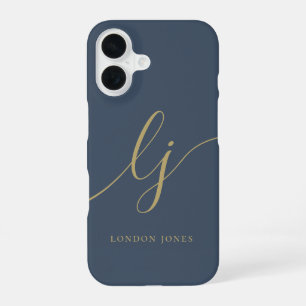 Monogram Neutral Modern Minimal Stylish Navy Gold iPhone 16 Case