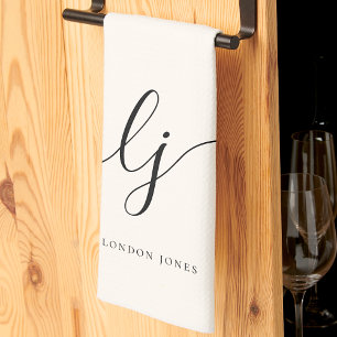 Monogram Neutral Simple Elegant Script Initials Tea Towel