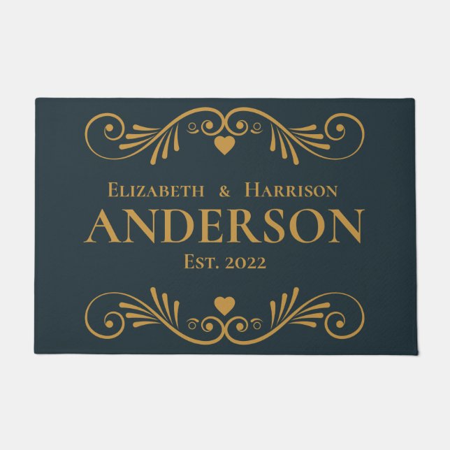 Monogram Newlywed Personalise Name Blue Gold Doormat (Front)