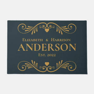 Monogram Newlywed Personalize Name Blue Gold Doormat