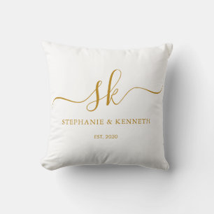 Monogram Newlyweds Gold Script Wedding Gift Cushion