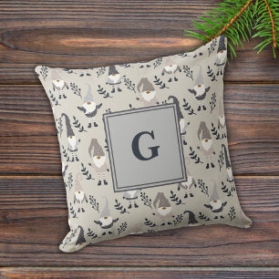 Monogram Nordic Christmas Gnomes and Greenery Grey Cushion