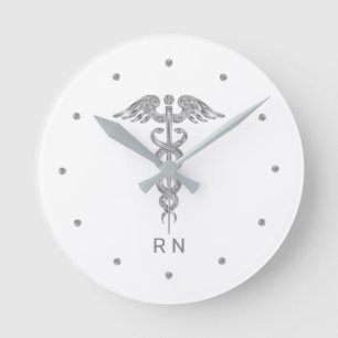 Monogram Nurse Silver Gray Caduceus on White Round Clock