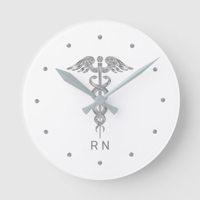 Monogram Nurse Silver Gray Caduceus on White  Round Clock (Front)
