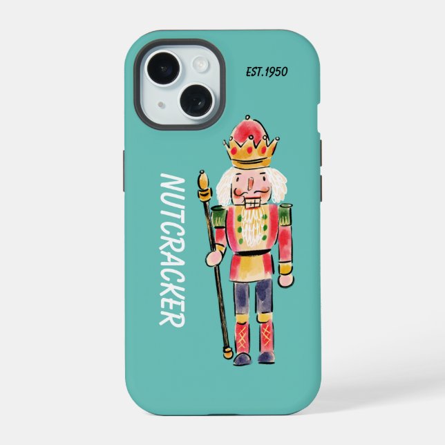 Monogram nutcracker Cute watercolor Blue iPhone 15 Case (Back)