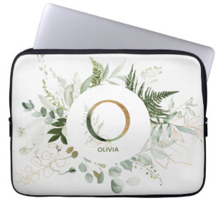 Monogram O Elegant Greenery Wreath Laptop Sleeve