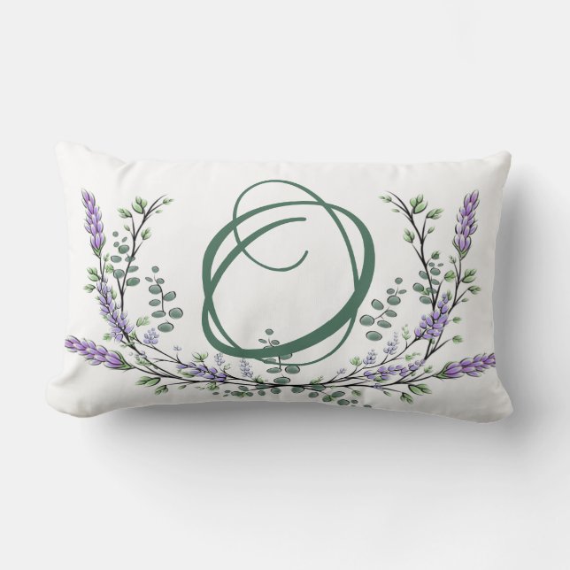 Monogram O,  Lavender Eucalyptus watercolor  Lumbar Cushion (Front)