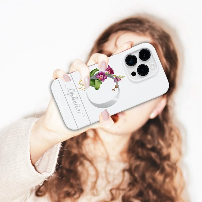 Monogram O silver script name pink orchid White Case-Mate iPhone Case (Creator Uploaded)