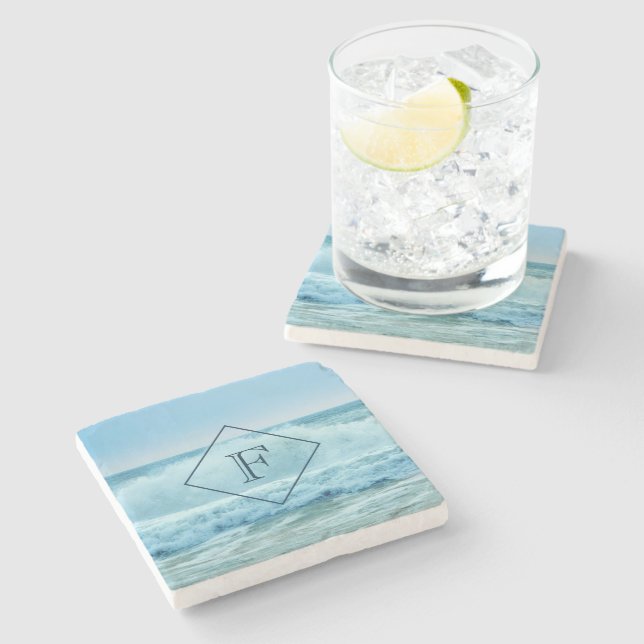 Monogram Ocean Wave Crashing on Beach Coastal Stone Coaster (Side)