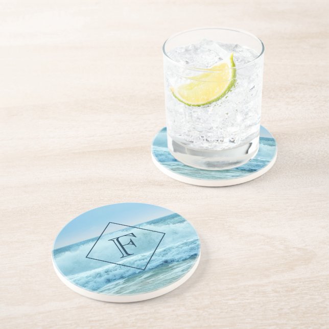 Monogram Ocean Wave Crashing on Shore Coaster (Side)