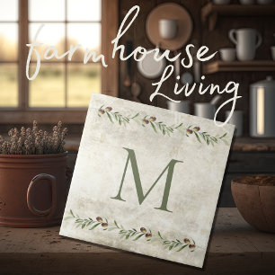 Monogram Olive & Branches Rustic Personalized Tile
