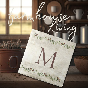 Monogram Olive Garland Rustic Personalized Brown Tile