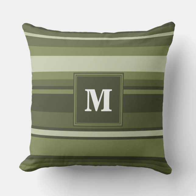 Monogram olive green stripes cushion (Front)