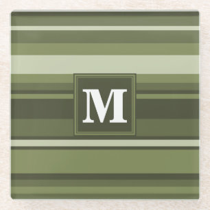 Monogram olive green stripes glass coaster