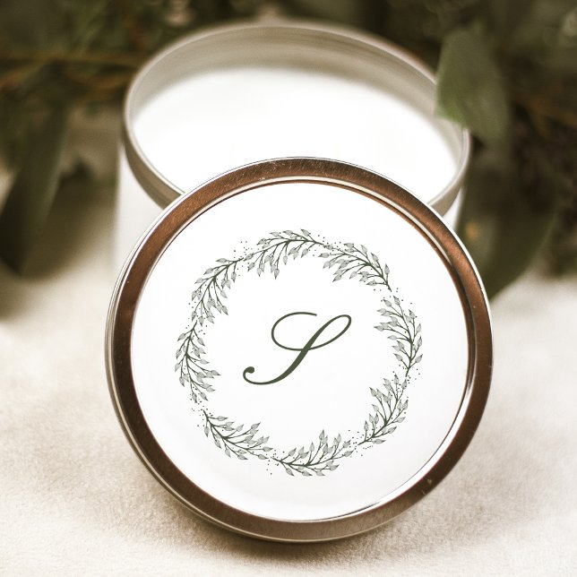 Monogram Olive Green Wreath Classic Script Wedding Classic Round Sticker (Creator Uploaded)