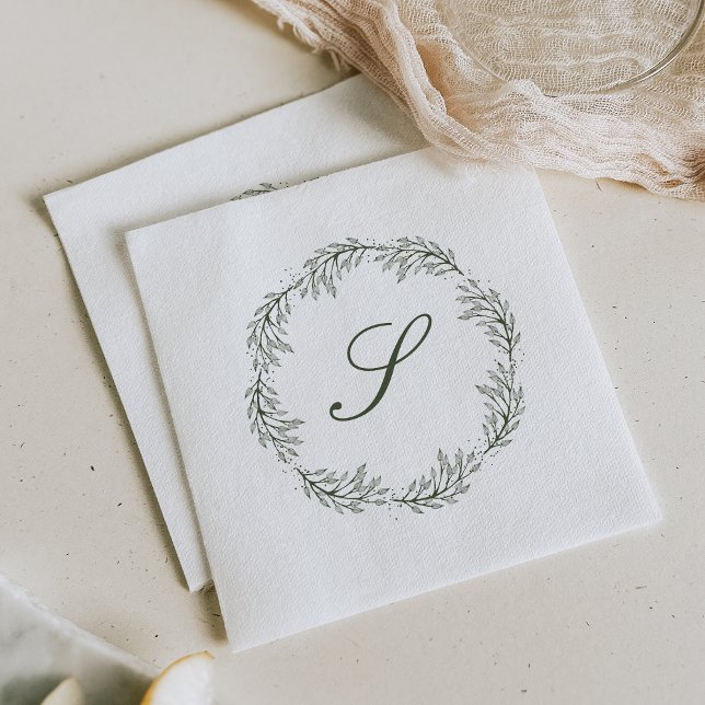 Monogram Olive Green Wreath Classic Script Wedding Napkin (Creator Uploaded)