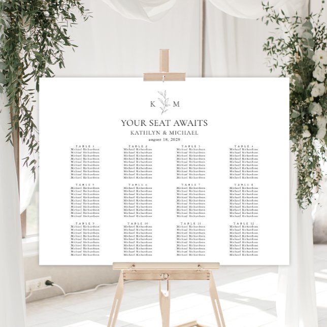 Monogram Olive Leaf Wedding 12 Table Seating Chart (Creator Uploaded)