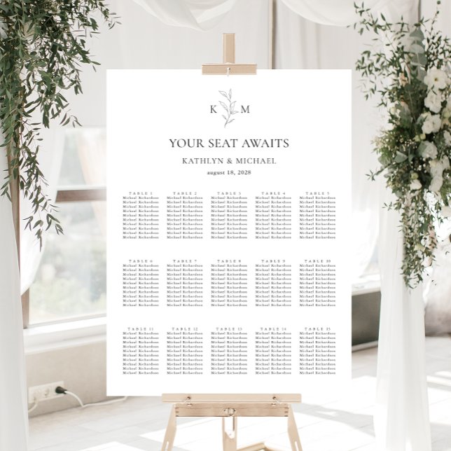 Monogram Olive Leaf Wedding 15 Table Seating Chart (Creator Uploaded)
