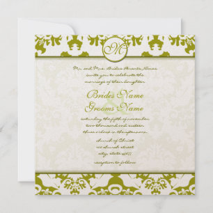 Monogram Olive Lime Damask Wedding Invitation