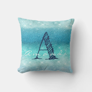 Monogram Ombre Name Tiffany Aqua Ocean Navy Glitte Cushion