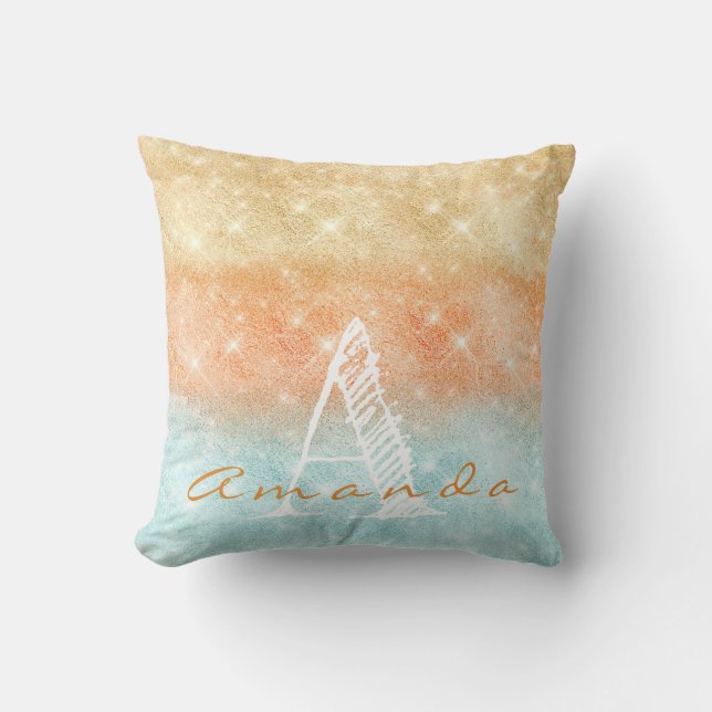 Monogram Ombre Name Tiffany Aqua Peach Gold Blue Cushion (Front)