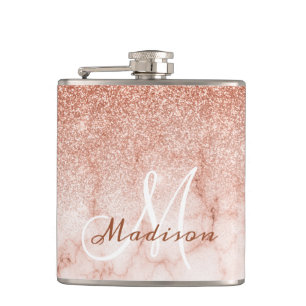 Monogram Ombre Rose Gold Marble Glitter Hip Flask