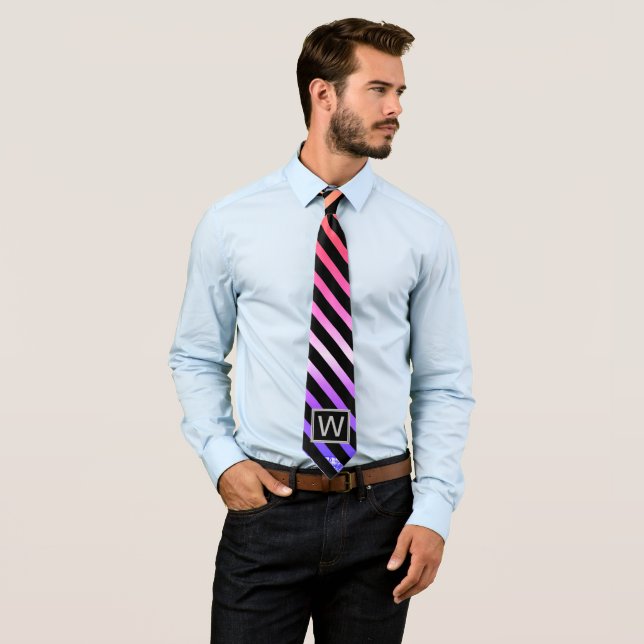 Monogram Ombre Yellow Pink Purple Diagonal Stripes Tie (In Situ)