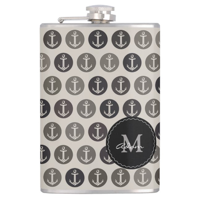 Monogram on Anchors Pattern Hip Flask (Front)