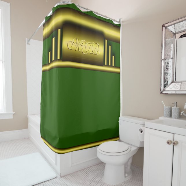 Monogram on art deco luxury gold and green shower curtain (In Situ)