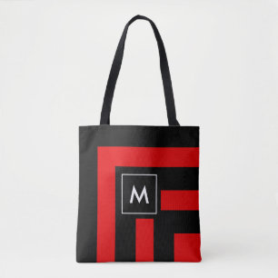 Monogram on Black and Red Striped Tote Bag
