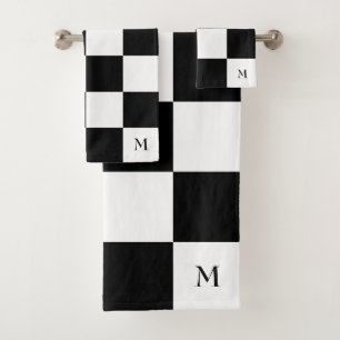 Monogram on Black and White Chequered Pattern Bath Towel Set