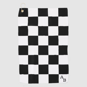 Monogram on Black and White Chequered Pattern Golf Towel
