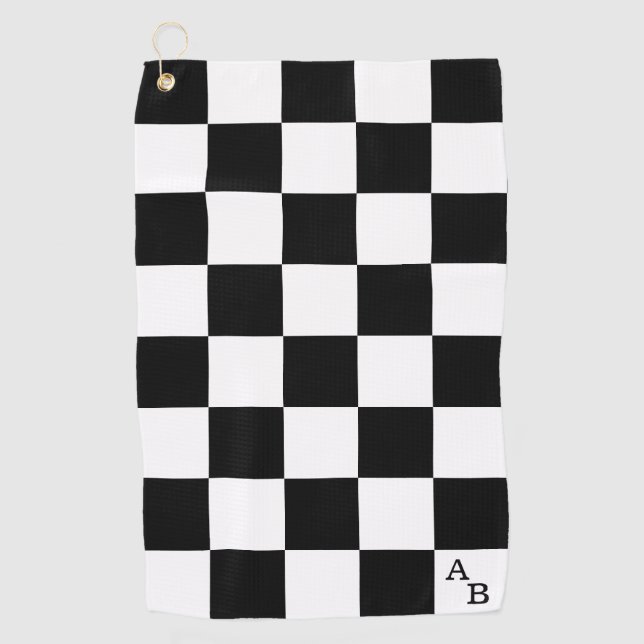 Monogram on Black and White Chequered Pattern Golf Towel (Front)