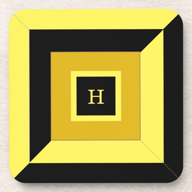 Monogram on Black & Yellow Geometric Shape Coaster (Front)