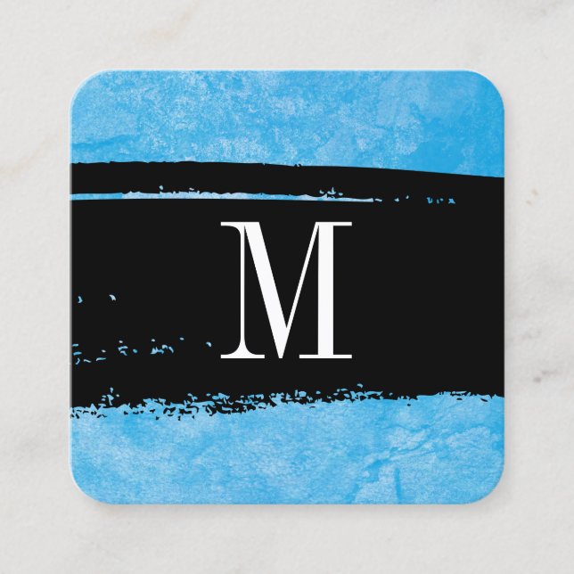 Monogram on Blue Grunge Expressive Square Business Card (Front)