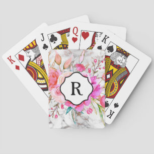 Monogram on Bold Pink Flowers and Gold Marble Playing Cards