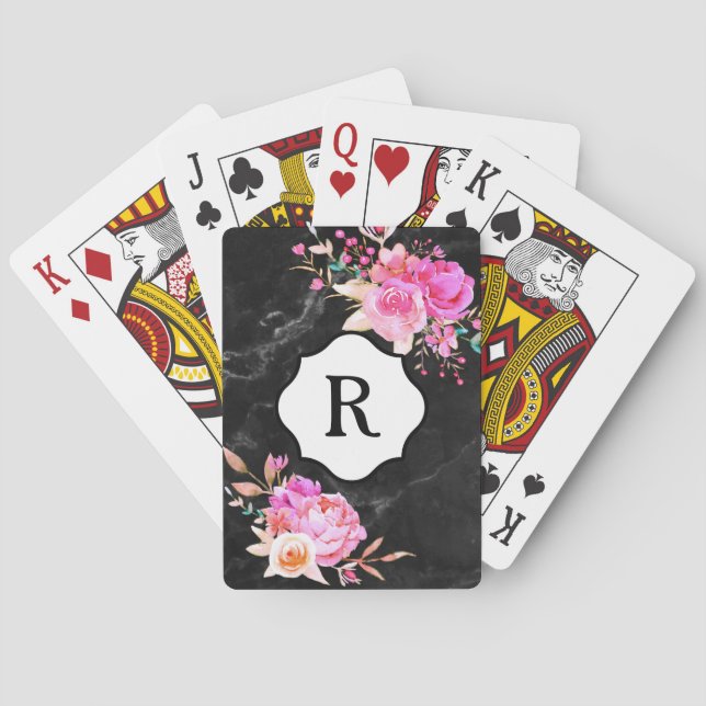 Monogram on Bold Pink Flowers on Black Marble Playing Cards (Back)