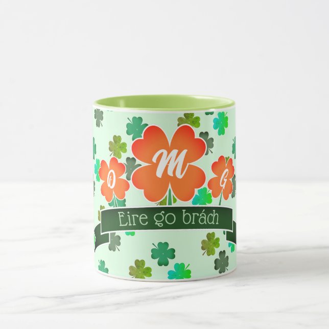 Monogram on Clover Shamrock Pattern on GREEN Mug (Center)