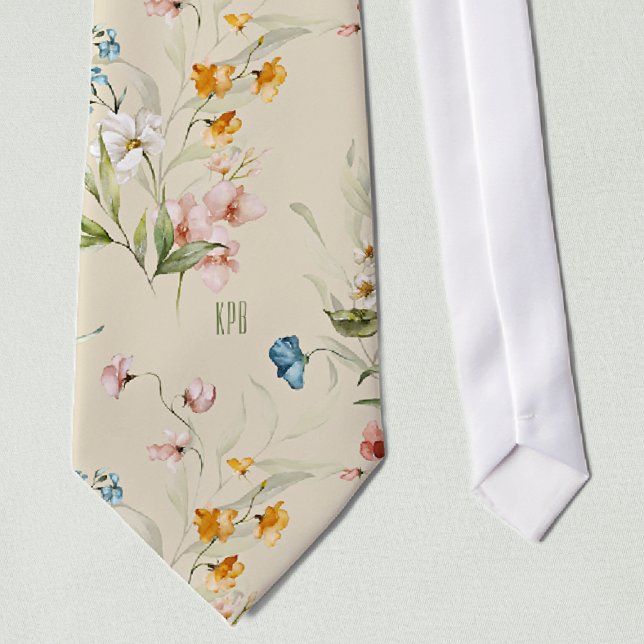 Monogram on Colourful Floral Still Life Art Beige Tie (Creator Uploaded)