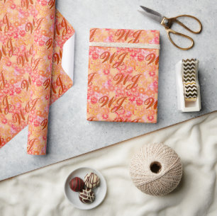 Monogram on Coral Orange Floral Background Wrapping Paper