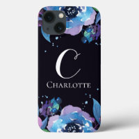 Monogram on Dark Blue with Purple Blue Flowers